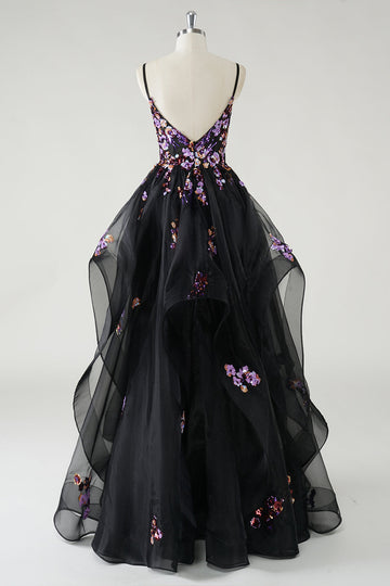 Une ligne profonde à col en V Robe De Soirée noire longue avec appliques à paillettes